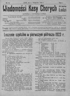 Wiadomości Kasy Chorych Miasta Łodzi: wychodzą 1 i 15 każdego miesiąca 1 listopad 1923 nr 14