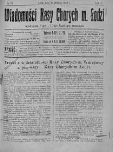 Wiadomości Kasy Chorych Miasta Łodzi: wychodzą 1 i 15 każdego miesiąca 15 grudzień 1923 nr 17