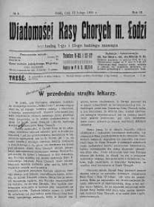 Wiadomości Kasy Chorych Miasta Łodzi: wychodzą 1 i 15 każdego miesiąca 15 luty 1925 nr 4