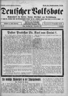 Deutscher Volksbote: Wechenschrift fur Politik, Kulture, Wirtschaft und Verstandigung. Organ des "Deutschen Kultur - und Wirtschaftsbundes in Polen" 1 listopad 1931 nr 27