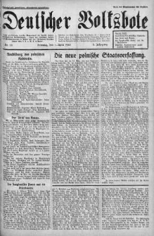 Deutscher Volksbote: Wechenschrift fur Politik, Kulture, Wirtschaft und Verstandigung. Organ des "Deutschen Kultur - und Wirtschaftsbundes in Polen" 7 kwiecień 1935 nr 14