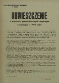 Obwieszczenie o rejestracji przedpoborowych - mężczyzn urodzonych w 1947 roku / Prezydium Miejskiej Rady Narodowej w Bytomiu.