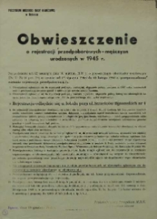 Obwieszczenie o rejestracji przedpoborowych - mężczyzn urodzonych w 1945 r. / Prezydium Miejskiej Rady Narodowej w Bytomiu.