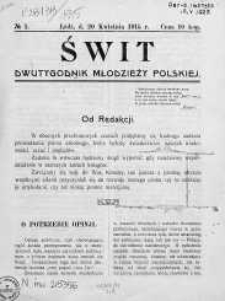 Świt. Dwutygodnik Młodzieży Polskiej 20 kwiecień 1915 nr 1