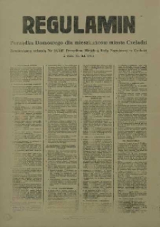 Regulamin Porządku Domowego dla mieszkańców miasta Czeladzi zatwierdzony uchwałą Nr 28/107 Prezydium Miejskiej Rady Narodowej w Czeladzi z dnia 13. XI. 1964.