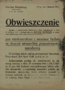 Obwieszczenie. Zgodnie z zarządzeniem Ministerstwa Ziem Odzyskanych ... / Feliks Gąsowski.