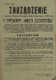 Zarządzenie Prezydenta Miasta Gdańska z dnia 26-go marca 1949 roku w sprawie "Akcji Czystości"