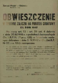Obwieszczenie w sprawie zaliczki na podatek gruntowy za rok 1947 / Zarząd Miejski w Gdańsku.