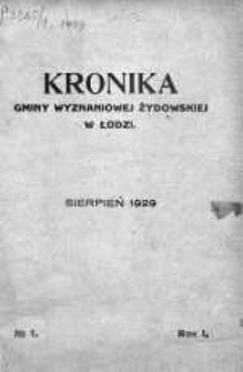 Kronika Gminy Wyznaniowej Żydowskiej w Łodzi R. 1.1929 sierpień nr 1