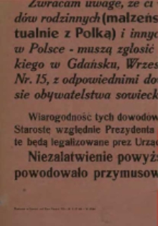 Obwieszczenie Wojewody Gdańskiego z dnia 14-go czerwca 1947 r. w sprawie powrotu obywateli sowieckich do Z.S.R.R. / Wojewoda.