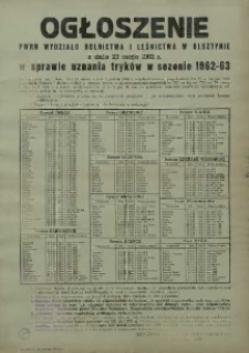 Ogłoszenie PWRN Wydziału Rolnictwa i Leśnictwa w Olsztynie w sprawie uznania tryków w sezonie 1962 - 63. II