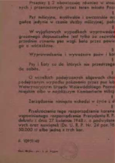 Zarządzenie Prezydenta stoł. miasta Poznania z dnia 19 października 1948 r. w sprawie zwalczania wścieklizny psów i kotów