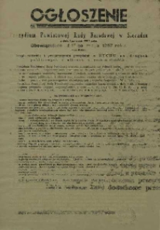 Ogłoszenie Prezydium Powiatowej Rady Narodowej w Sieradzu z dnia 1-go maja 1957 r. obowiązujące od 15-go maja 1957 roku.