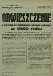 Obwieszczenie o rejestracji przedpoborowych-mężczyzn urodzonych w 1950 roku.
