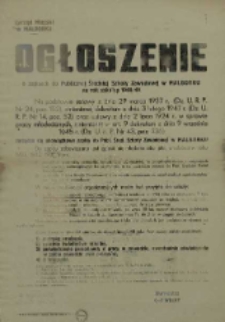 Ogłoszenie o zapisach do Publicznej Średniej Szkoły Zawodowej w Malborku na rok szkolny 1948/49