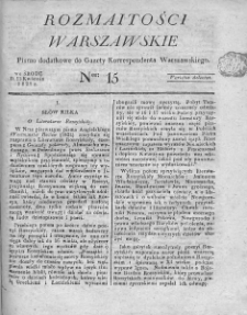 Rozmaitości Warszawskie : pismo dodatkowe do Gazety Korrespondenta Warszawskiego. 1825. Nr 15