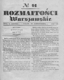 Rozmaitości Warszawskie : pismo dodatkowe do Gazety Korrespondenta Warszawskiego. 1837. Nr 91