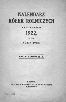 Kalendarz Kółek Rolniczych na Rok Pański 1922