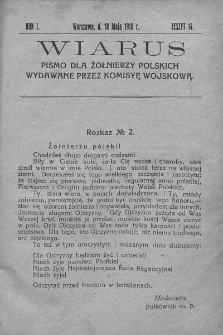 Wiarus. Pismo dla żołnierzy polskich wydawane przez Komisyę Wojskową. 1918. T. 1. Zeszyt 14