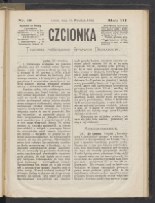 Czcionka : pismo poświęcone sprawom drukarskim. T. III. 1874, nr 19