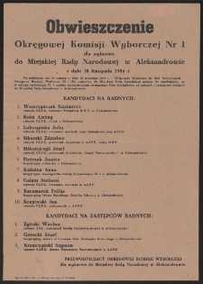 Obwieszczenie Okręgowej Komisji Wyborczej Nr 1 dla wyborów do Miejskiej Rady Narodowej w Aleksandrowie z dnia 18 listopada 1954 r.