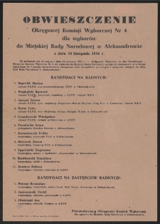Obwieszczenie Okręgowej Komisji Wyborczej Nr 4 dla wyborów do Miejskiej Rady Narodowej w Aleksandrowie z dnia 18 listopada 1954 r.