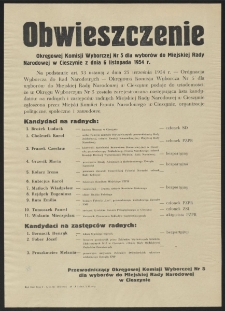 Obwieszczenie Okręgowej Komisji Wyborczej Nr 5 dla wyborów do Miejskiej Rady Narodowej w Cieszynie z dnia 6 listopada 1954 r.