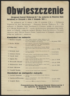 Obwieszczenie Okręgowej Komisji Wyborczej Nr 7 dla wyborów do Miejskiej Rady Narodowej w Cieszynie z dnia 6 listopada 1954 r.