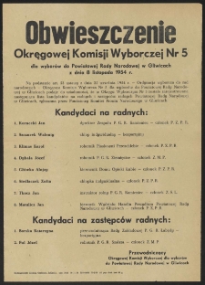 Obwieszczenie Okręgowej Komisji Wyborczej Nr 5 dla wyborów do Powiatowej Rady Narodowej w Gliwicach z dnia 8 listopada 1954 r.