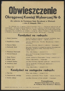 Obwieszczenie Okręgowej Komisji Wyborczej Nr 6 dla wyborów do Powiatowej Rady Narodowej w Gliwicach z dnia 8 listopada 1954 r.