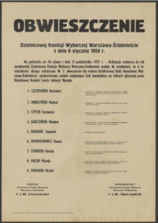 Obwieszczenie Dzielnicowej Komisji Wyborczej Warszawa - Śródmieście z dnia 8 stycznia 1958 r.