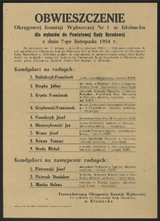 Obwieszczenie Okręgowej Komisji Wyborczej Nr 1 w Kłobucku dla wyborów do Powiatowej Rady Narodowej z dnia 7-go listopada 1954 r.