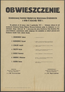 Obwieszczenie Dzielnicowej Komisji Wyborczej Warszawa - Śródmieście z dnia 8 stycznia 1958 r.