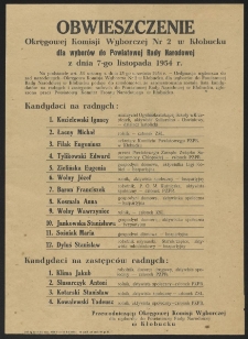 Obwieszczenie Okręgowej Komisji Wyborczej Nr 2 w Kłobucku dla wyborów do Powiatowej Rady Narodowej z dnia 7-go listopada 1954 r.