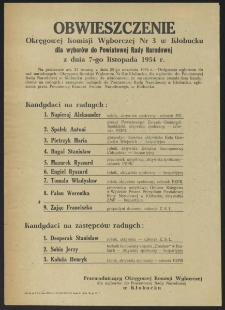 Obwieszczenie Okręgowej Komisji Wyborczej Nr 3 w Kłobucku dla wyborów do Powiatowej Rady Narodowej z dnia 7-go listopada 1954 r.