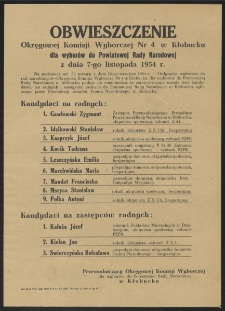 Obwieszczenie Okręgowej Komisji Wyborczej Nr 4 w Kłobucku dla wyborów do Powiatowej Rady Narodowej z dnia 7-go listopada 1954 r.