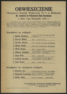 Obwieszczenie Okręgowej Komisji Wyborczej Nr 5 w Kłobucku dla wyborów do Powiatowej Rady Narodowej z dnia 7-go listopada 1954 r.