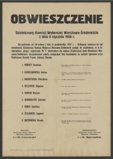 Obwieszczenie Dzielnicowej Komisji Wyborczej Warszawa-Śródmieście z dnia 8 stycznia 1958 r.