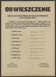 Obwieszczenie Dzielnicowej Komisji Wyborczej Warszawa-Śródmieście z dnia 8 stycznia 1958 r.