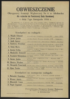 Obwieszczenie Okręgowej Komisji Wyborczej Nr 6 w Kłobucku dla wyborów do Powiatowej Rady Narodowej z dnia 7-go listopada 1954 r.