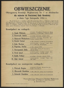 Obwieszczenie Okręgowej Komisji Wyborczej Nr 7 w Kłobucku dla wyborów do Powiatowej Rady Narodowej z dnia 7-go listopada 1954 r.