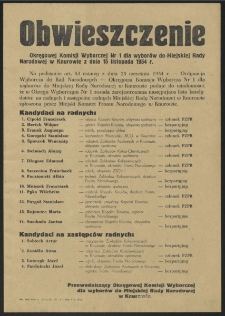 Obwieszczenie Okręgowej Komisji Wyborczej Nr 1 dla wyborów do Miejskiej Rady Narodowej w Knurowie z dnia 15 listopada 1954 r.
