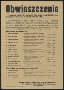 Obwieszczenie Okręgowej Komisji Wyborczej Nr 2 dla wyborów do Miejskiej Rady Narodowej w Knurowie z dnia 15 listopada 1954 r.