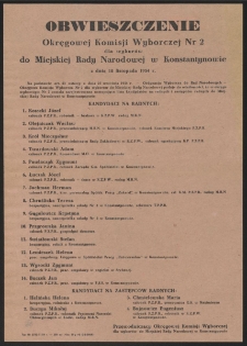 Obwieszczenie Okręgowej Komisji Wyborczej Nr 2 dla wyborów do Miejskiej Rady Narodowej w Konstantynowie z dnia 18 listopada 1954 r.