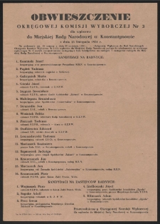 Obwieszczenie Okręgowej Komisji Wyborczej Nr 3 dla wyborów do Miejskiej Rady Narodowej w Konstantynowie z dnia 18 listopada 1954 r.
