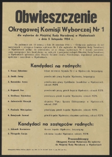 Obwieszczenie Okręgowej Komisji Wyborczej Nr 1 dla wyborów do Miejskiej Rady Narodowej w Mysłowicach z dnia 5 listopada 1954 r.