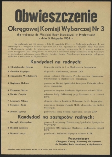 Obwieszczenie Okręgowej Komisji Wyborczej Nr 3 dla wyborów do Miejskiej Rady Narodowej w Mysłowicach z dnia 5 listopada 1954 r.