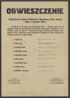 Obwieszczenie Dzielnicowej Komisji Wyborczej Warszawa - Stare Miasto z dnia 4 stycznia 1958 r.