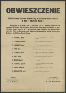 Obwieszczenie Dzielnicowej Komisji Wyborczej Warszawa - Stare Miasto z dnia 4 stycznia 1958 r.