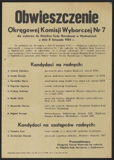 Obwieszczenie Okręgowej Komisji Wyborczej Nr 7 dla wyborów do Miejskiej Rady Narodowej w Mysłowicach z dnia 8 listopada 1954 r.